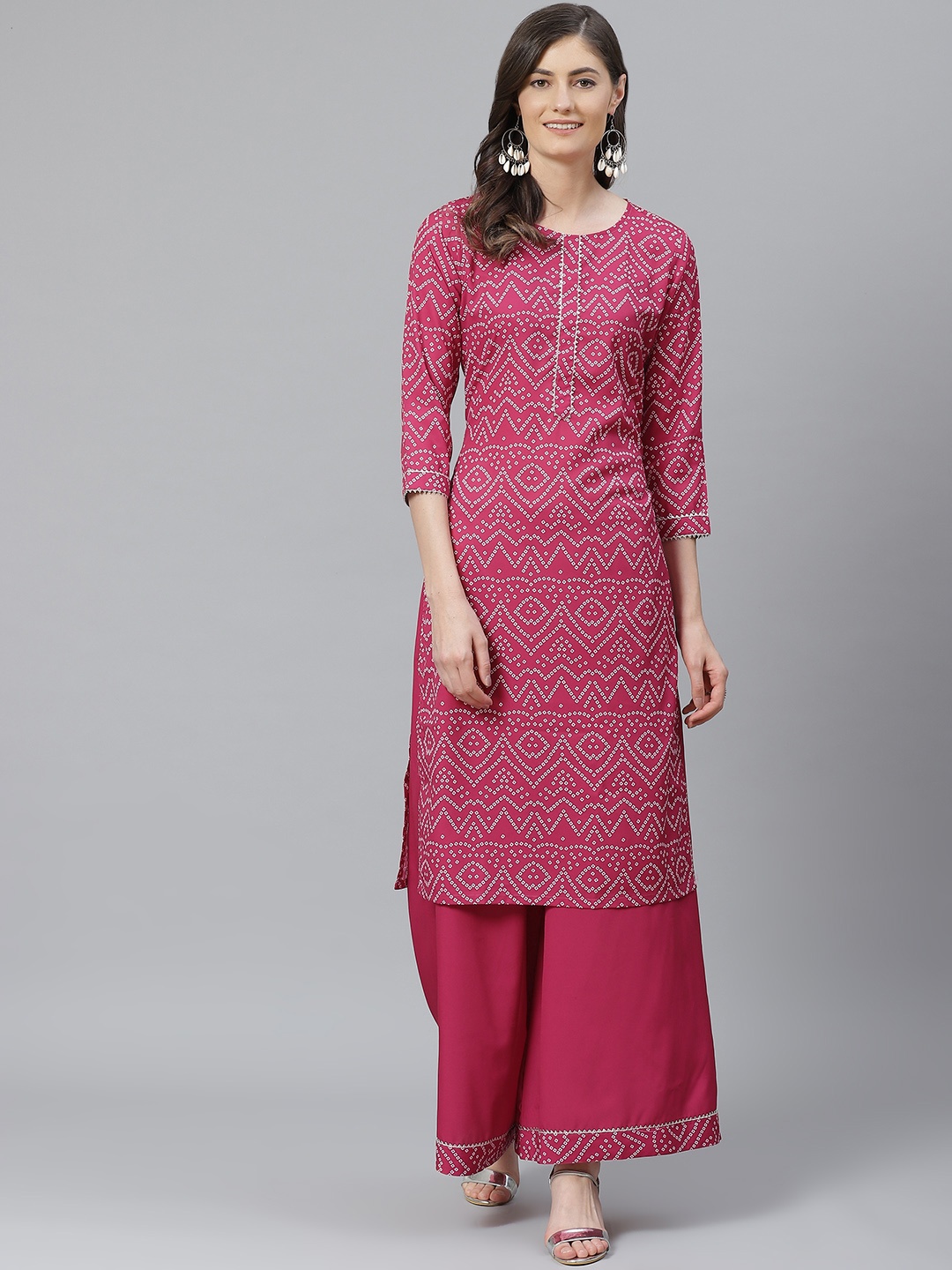 

AHIKA Women Magenta & White Bandhani Printed Kurta with Palazzos