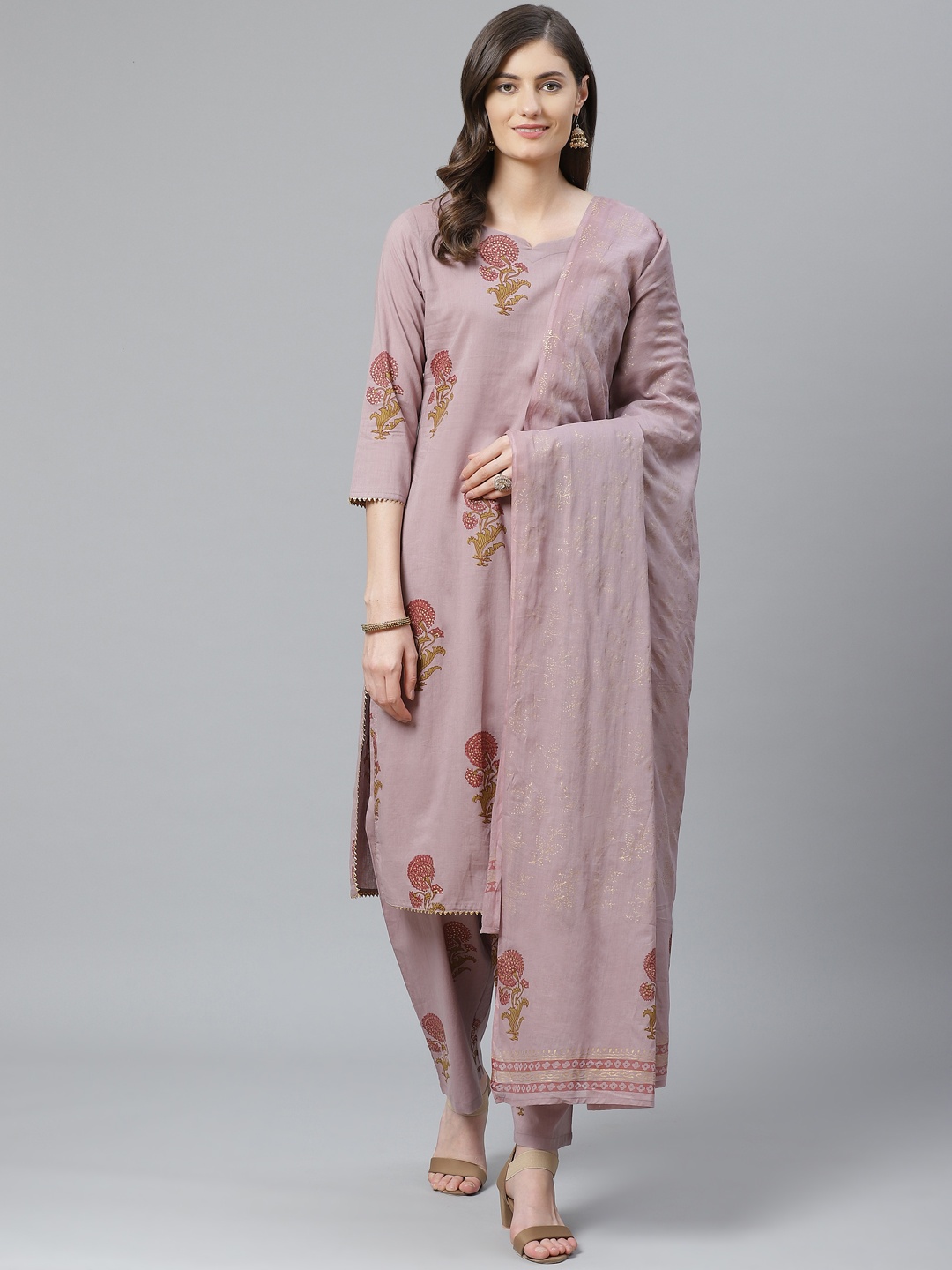 

AHIKA Women Mauve & Green Printed Pure Cotton Kurta with Palazzos & Dupatta