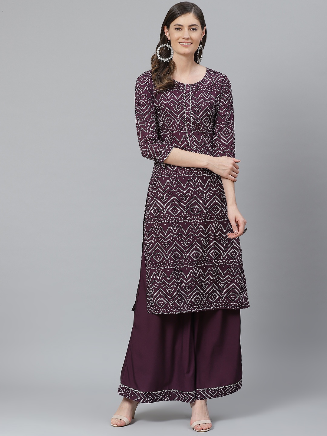 

AHIKA Women Burgundy & White Bandhani Printed Kurta with Palazzos
