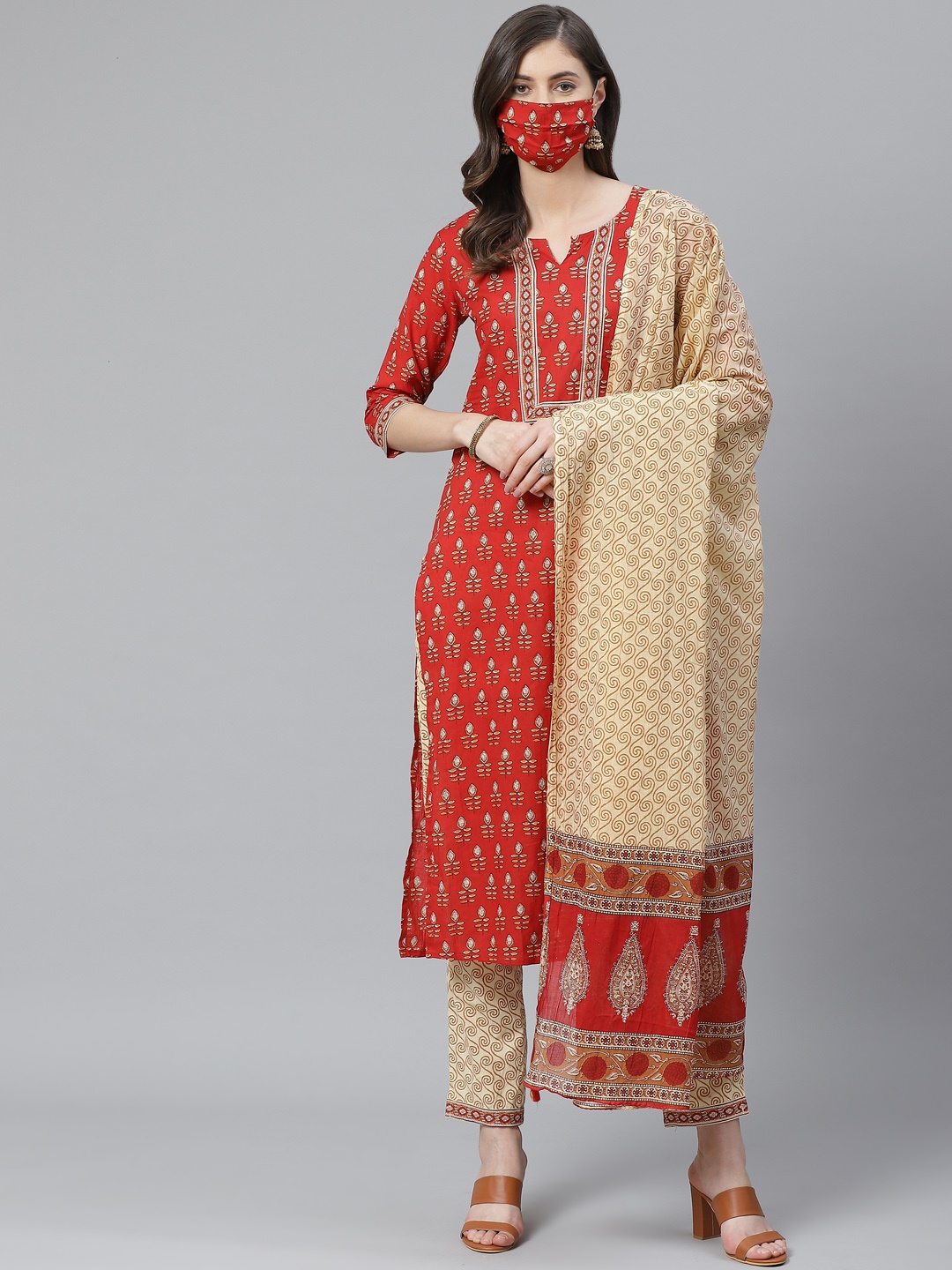 

AHIKA Women Red & Beige Printed Pure Cotton Kurta with Trousers & Dupatta