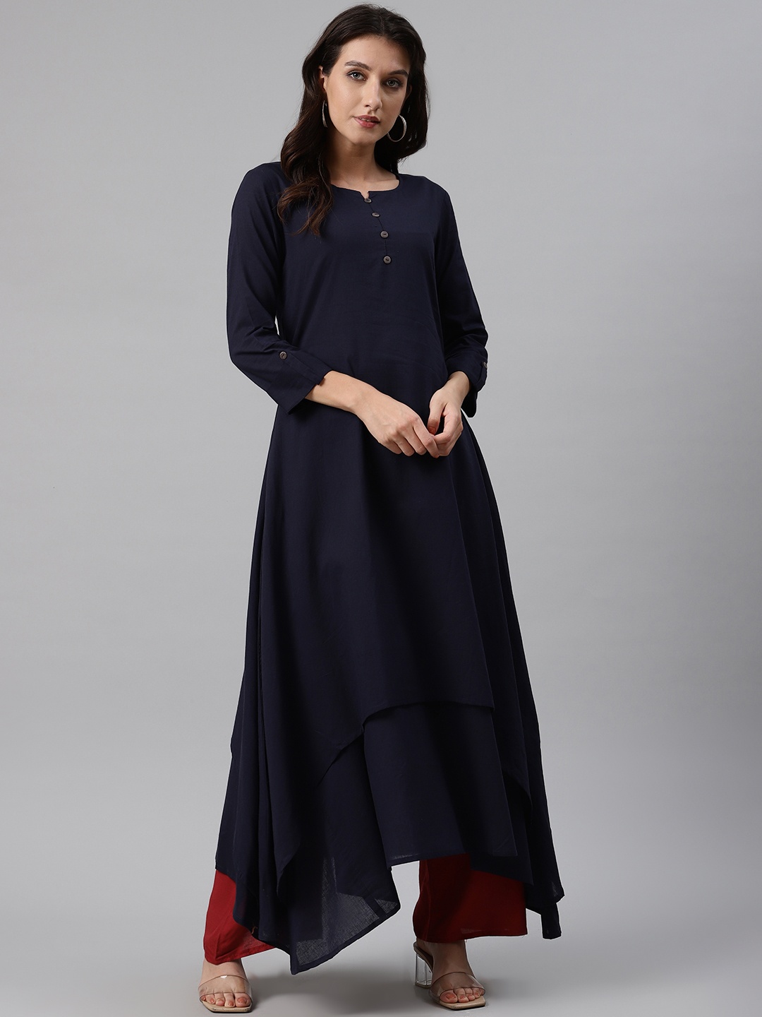 

AHIKA Women Navy Blue Solid Indigo A-line Asymmetric Cotton Kurta