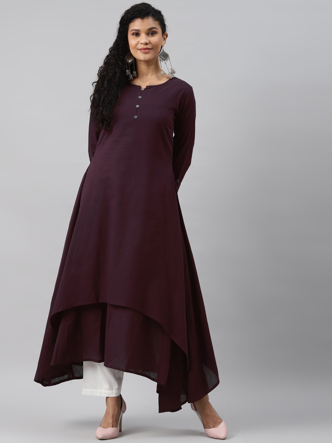 

AHIKA Women Burgundy Solid Layered Asymmetric Anarkali Kurta