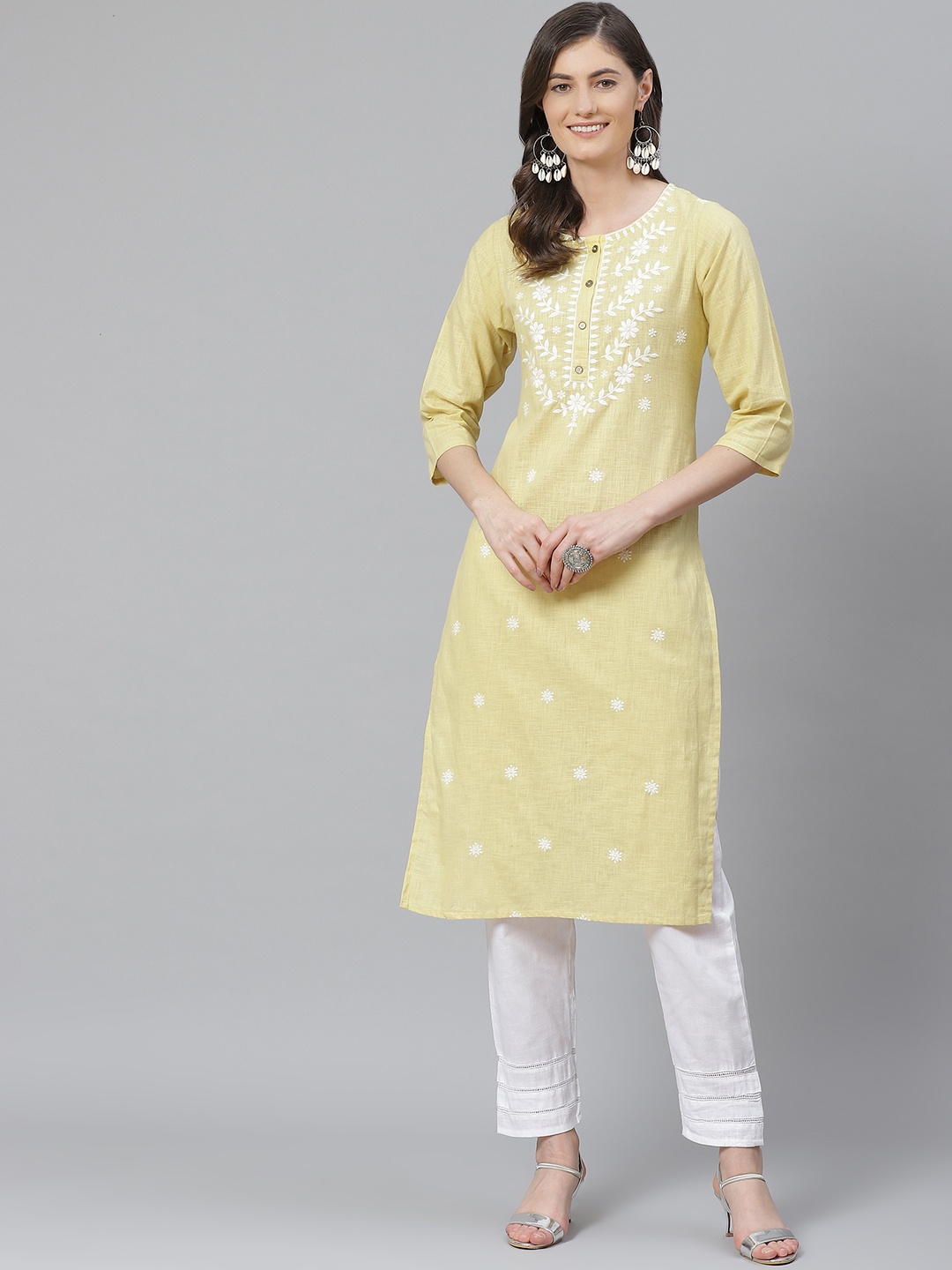 

AHIKA Women Yellow & White Embroidered Pure Cotton Kurta with Trousers