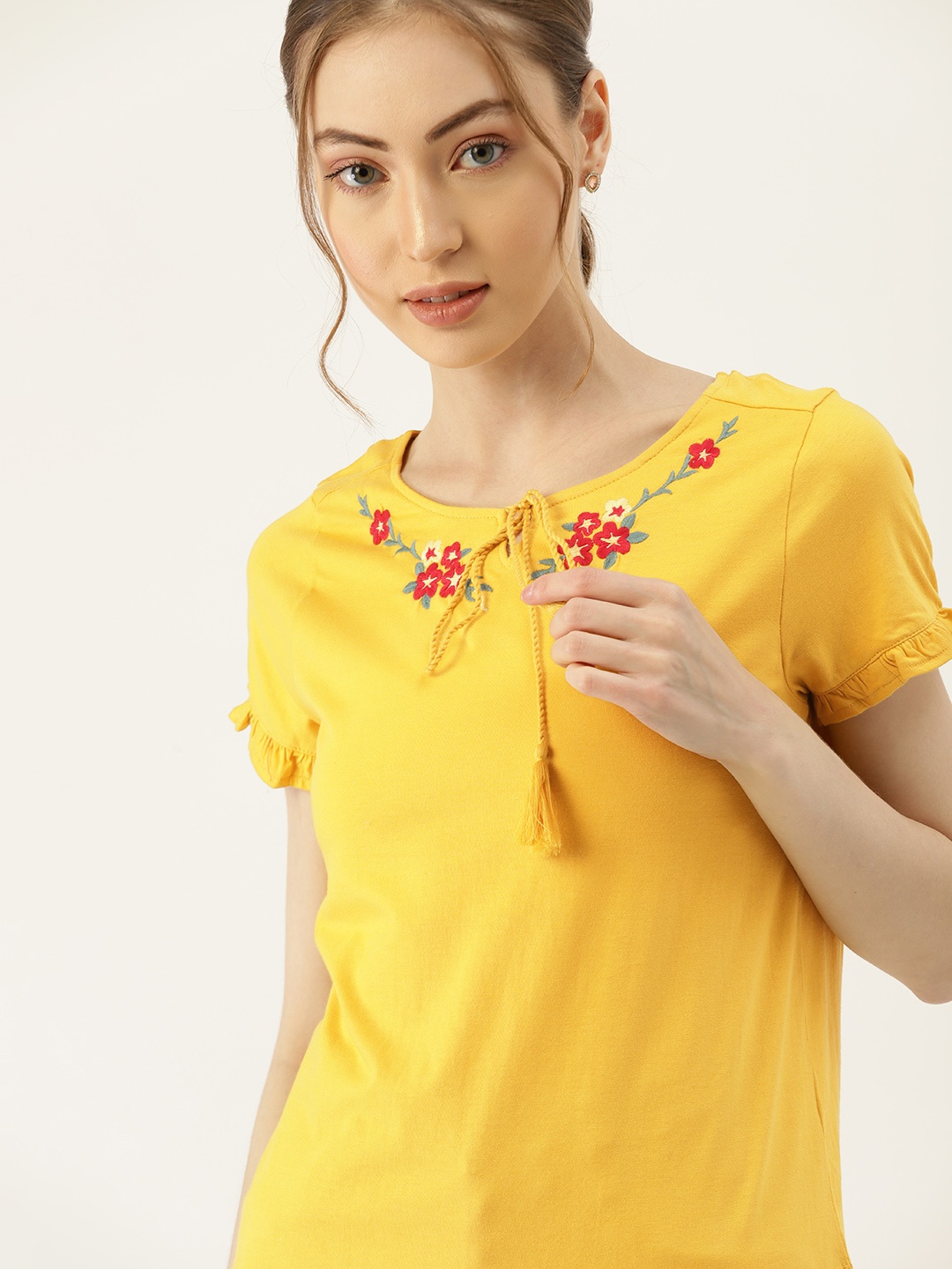 

DressBerry Yellow Solid Tie-Up Neck Cotton Regular Top with Embroidered Detail