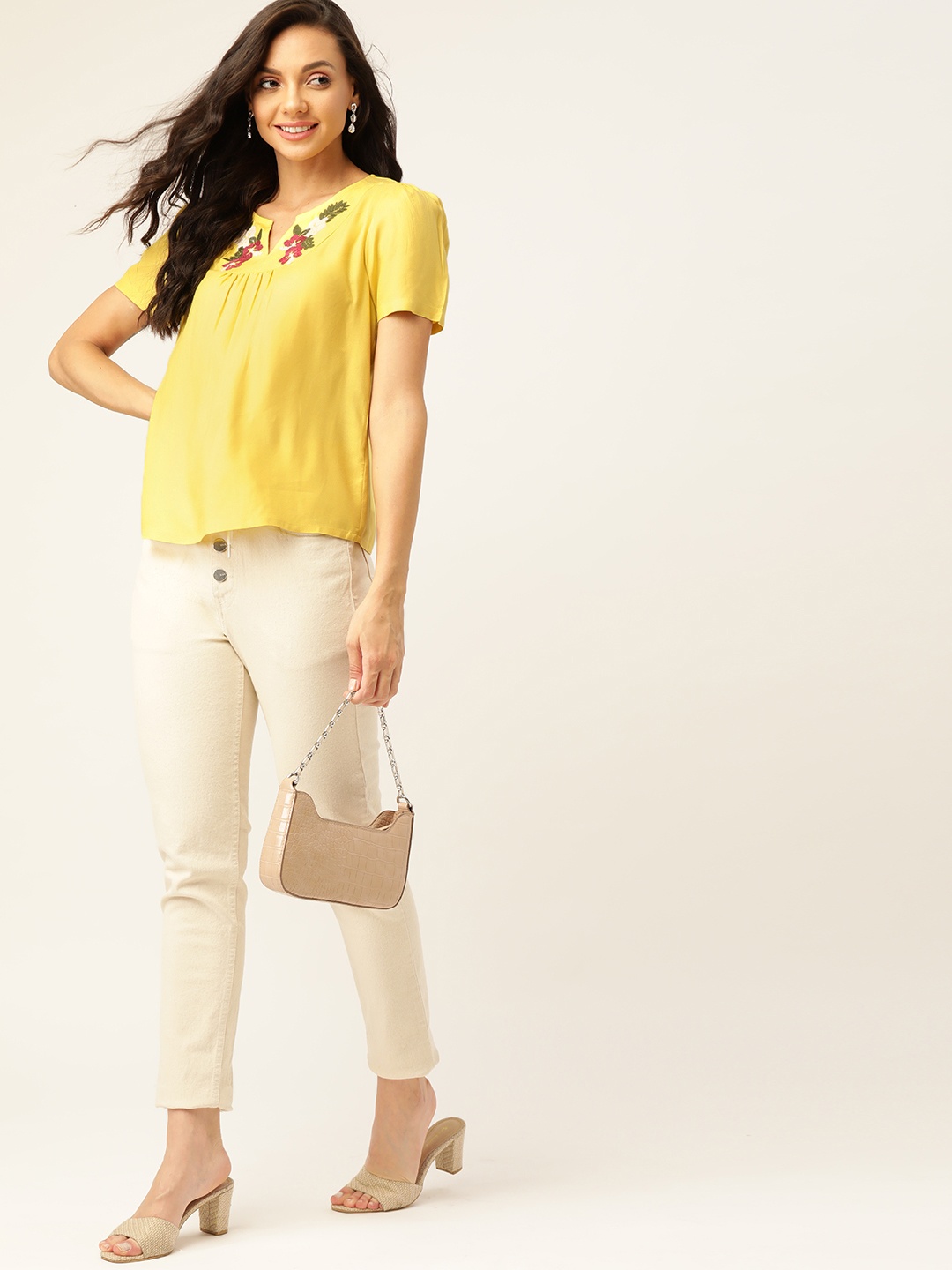 

DressBerry ECOVERO Yellow Solid Gathered Sustainable Top With Embroidered Detail