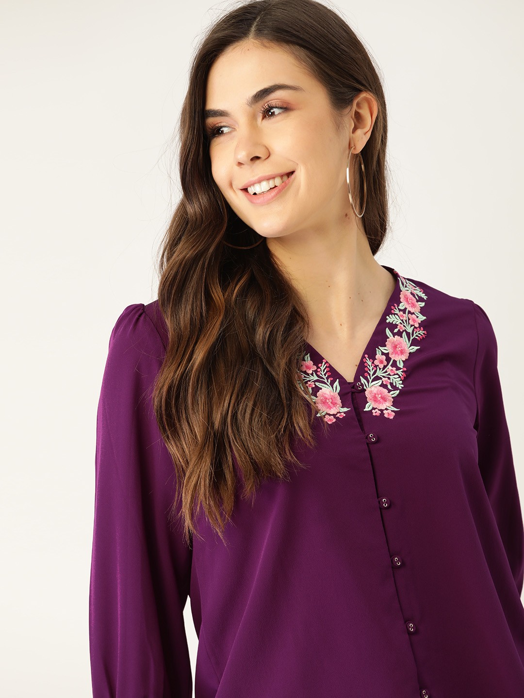 

DressBerry Aubergine Floral Embroidered Top, Purple