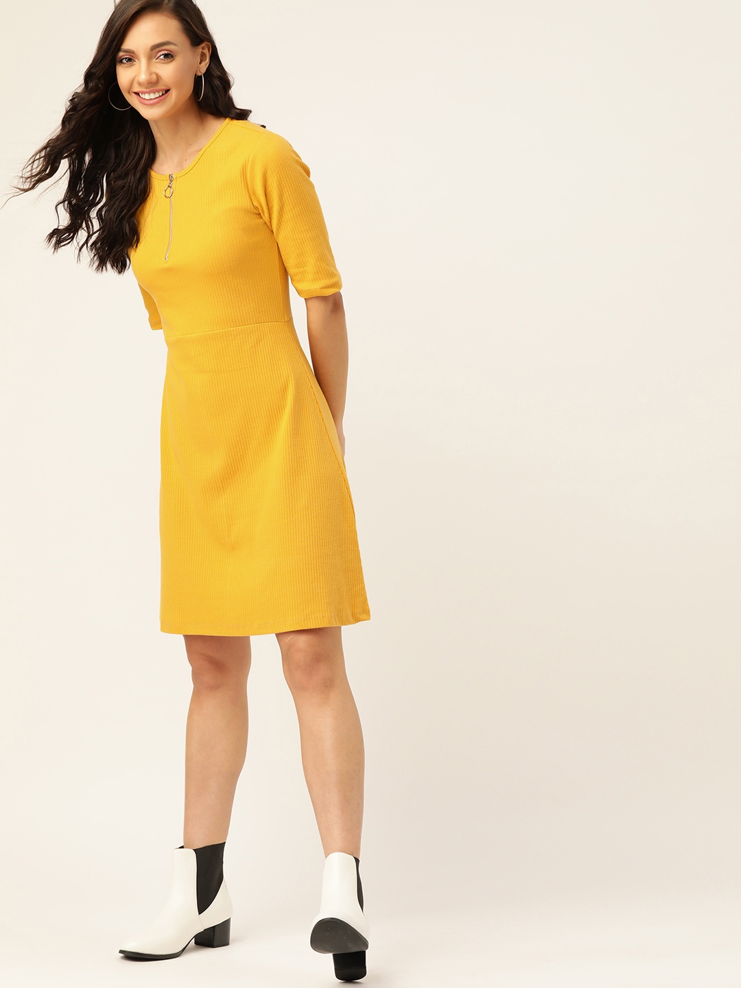 

DressBerry Mustard Yellow Ribbed A-Line Dress