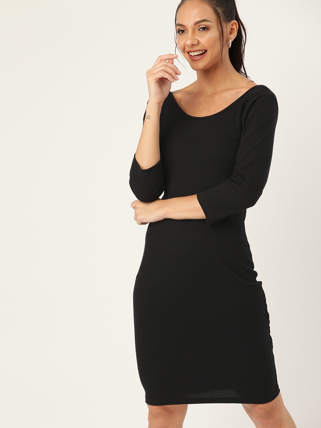 

DressBerry Women Black Solid Ribbed Sheath Dress