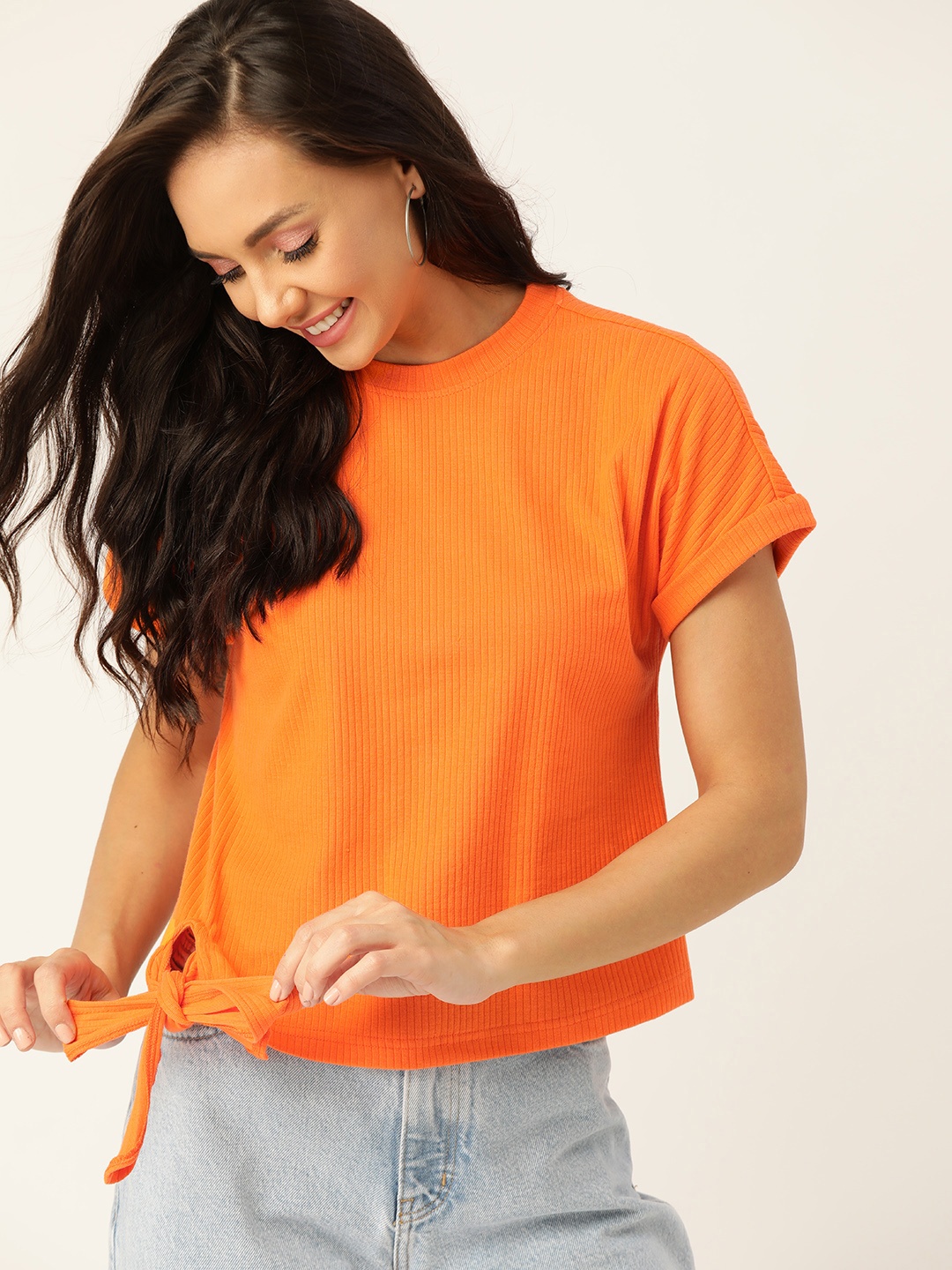 

DressBerry Orange Ribbed Extended Sleeves Regular Top
