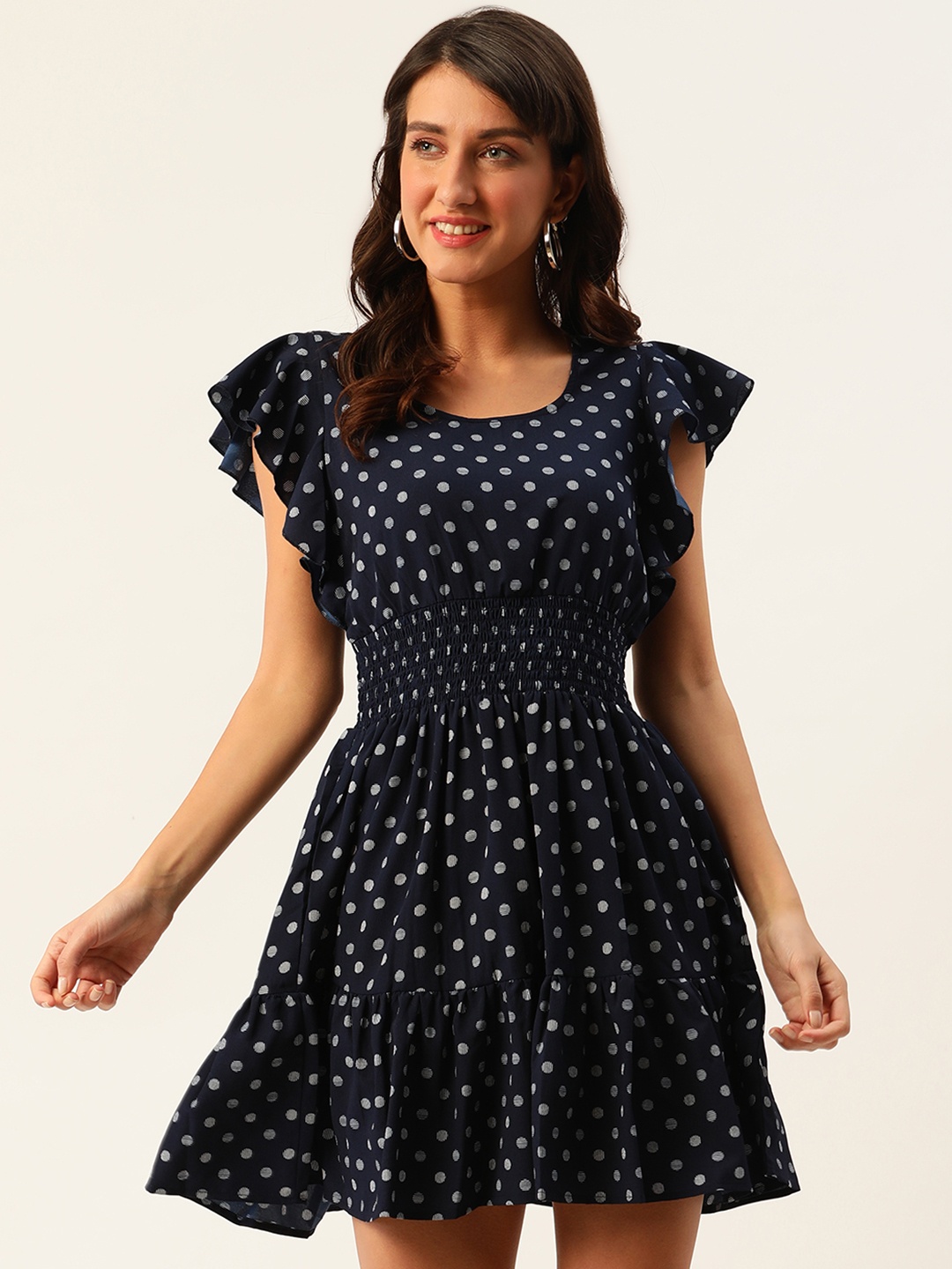 

DressBerry Navy Blue & White Polka Dots Print Fit & Flare Dress