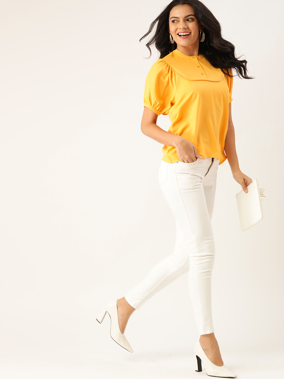 

DressBerry Mustard Yellow Mandarin Collar Puff Sleeve Lace Inserts Regular Top