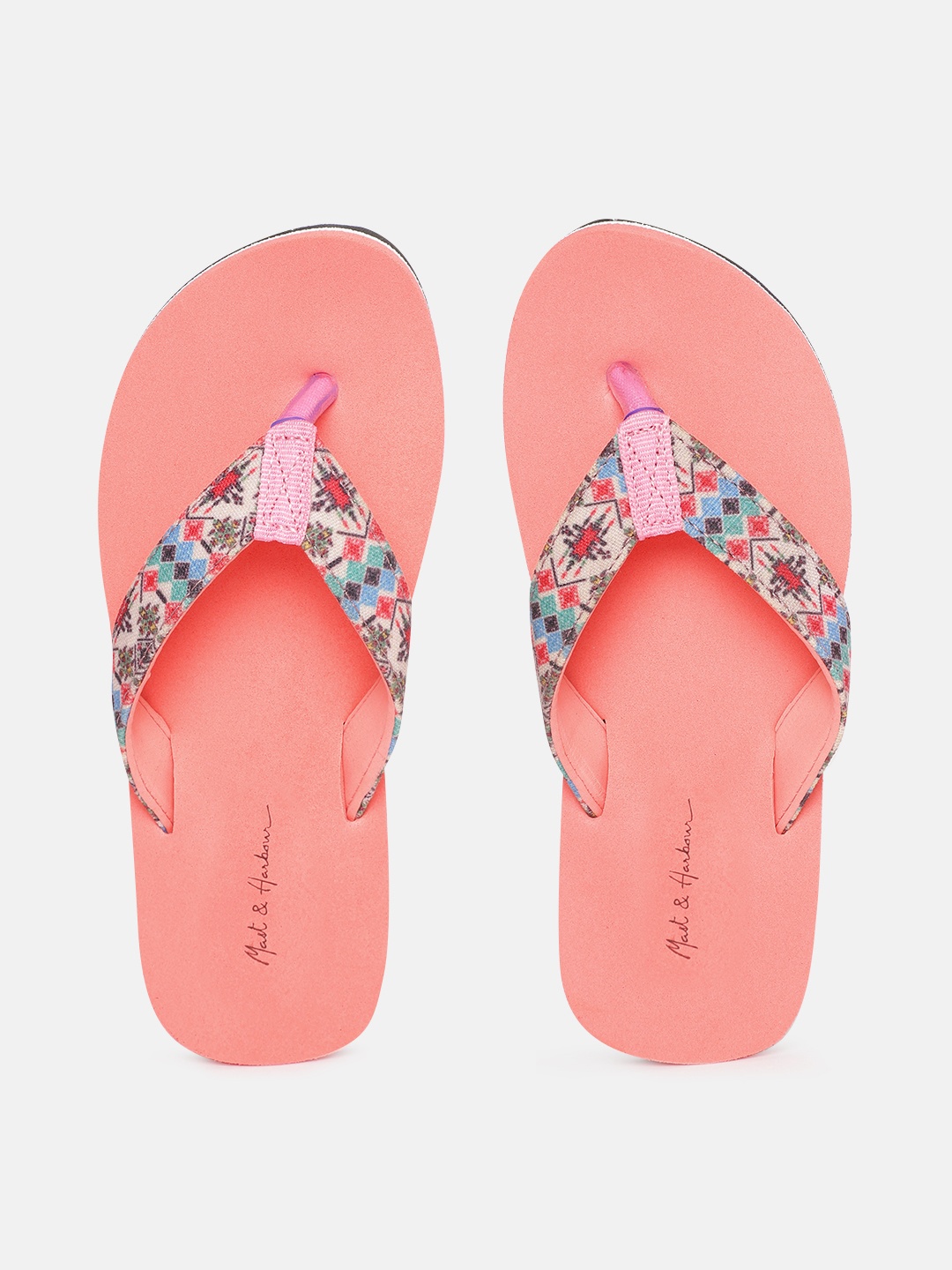 

Mast & Harbour Women Coral Pink & Green Printed Thong Flip-Flops