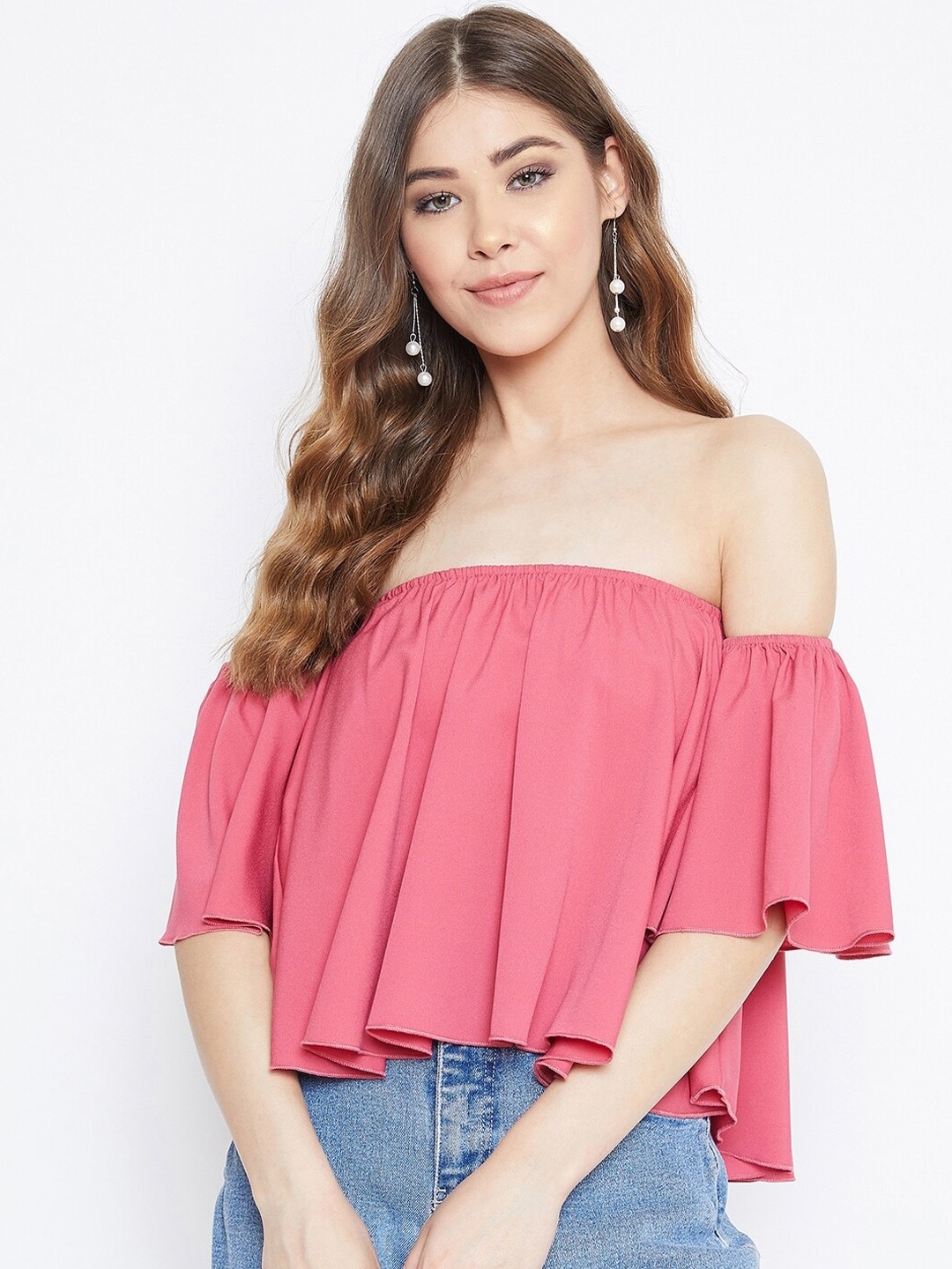 

Berrylush Pink Off-shoulder Crepe Bardot Top