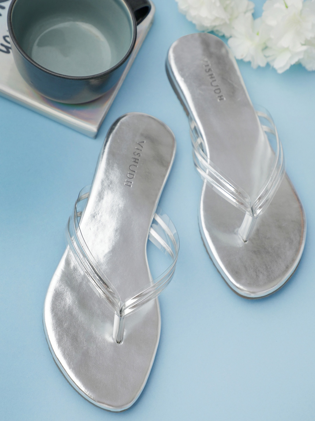 

Vishudh Women Silver-Toned Solid Open Toe Flats