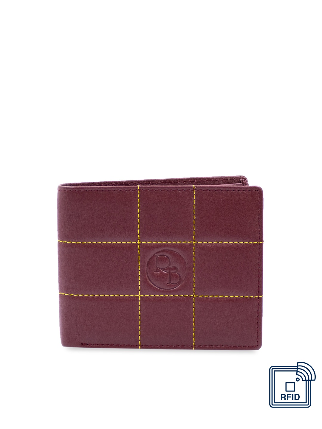 

RICH BORN Men Maroon & Yellow Checked Two Fold Genuine Leather Wallet