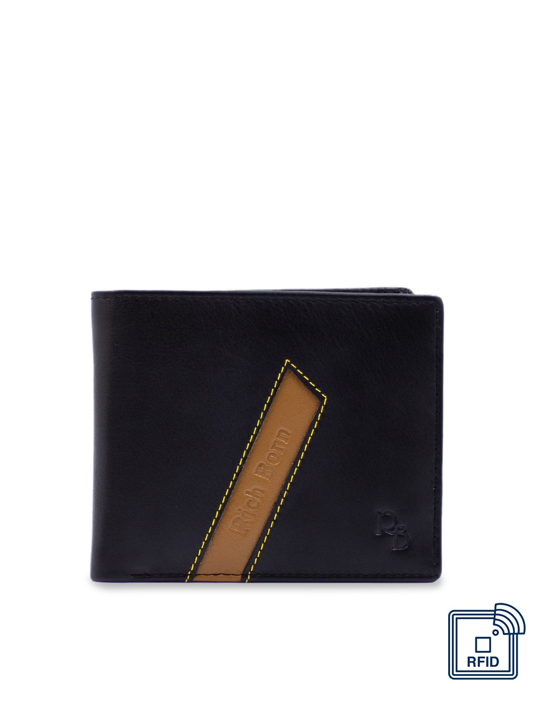 

RICH BORN Men Black & Brown Colourblocked Leather RFID Two Fold Wallet