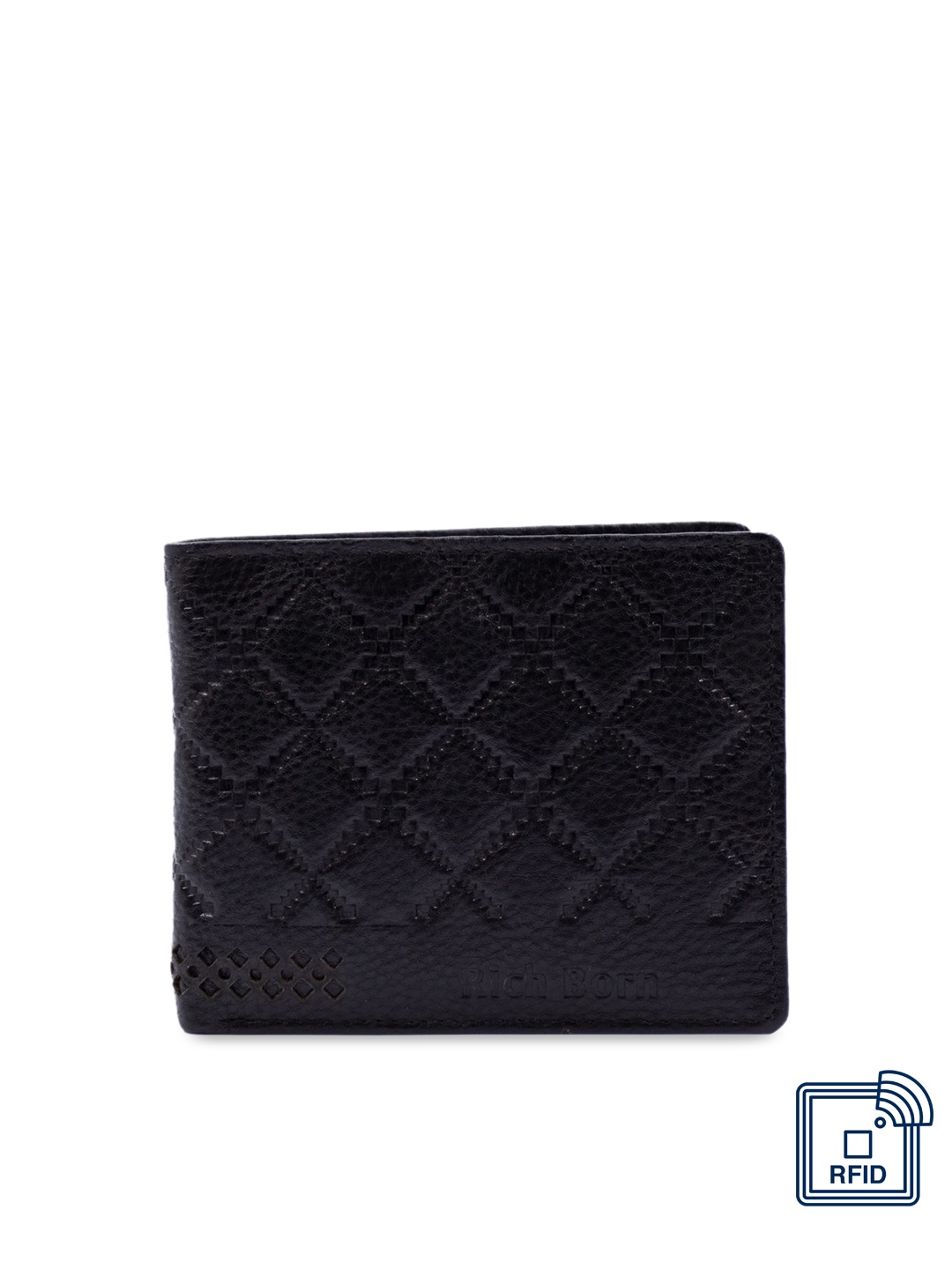 

RICH BORN Men Black Textured RFID Protected Leather Two Fold Wallet