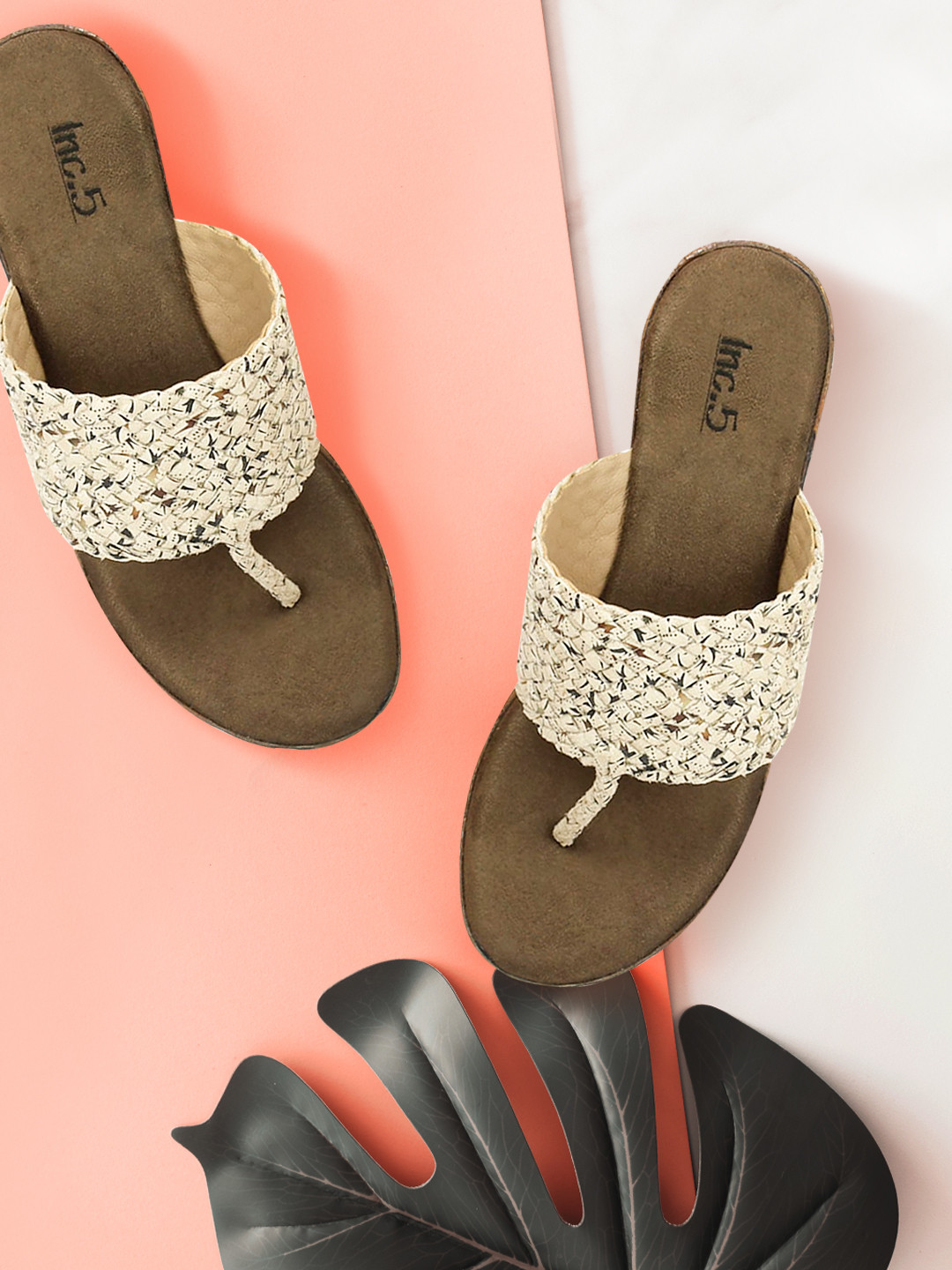 

Inc 5 Women Cream-Coloured & Green Woven Design Wedges