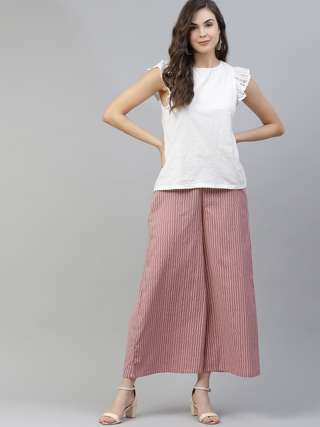 

HERE&NOW Women Pink & White Pure Cotton Striped Flared Cropped Palazzos