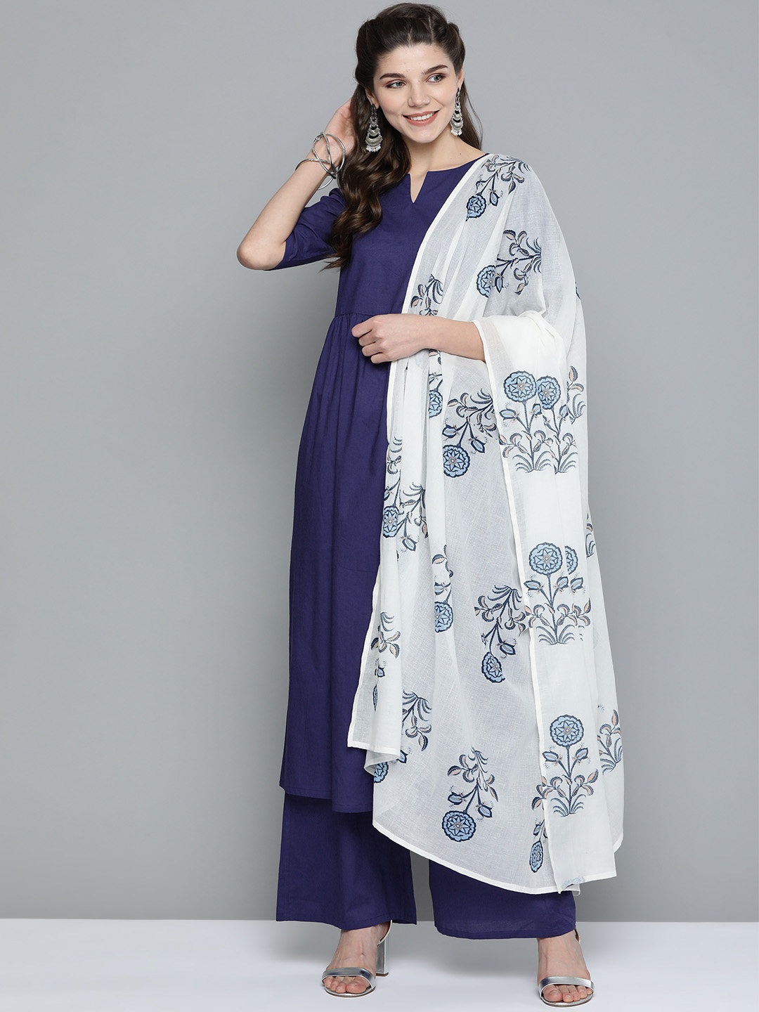

HERE&NOW Women Navy Blue Pure Cotton Solid Kurta with Palazzos & Dupatta