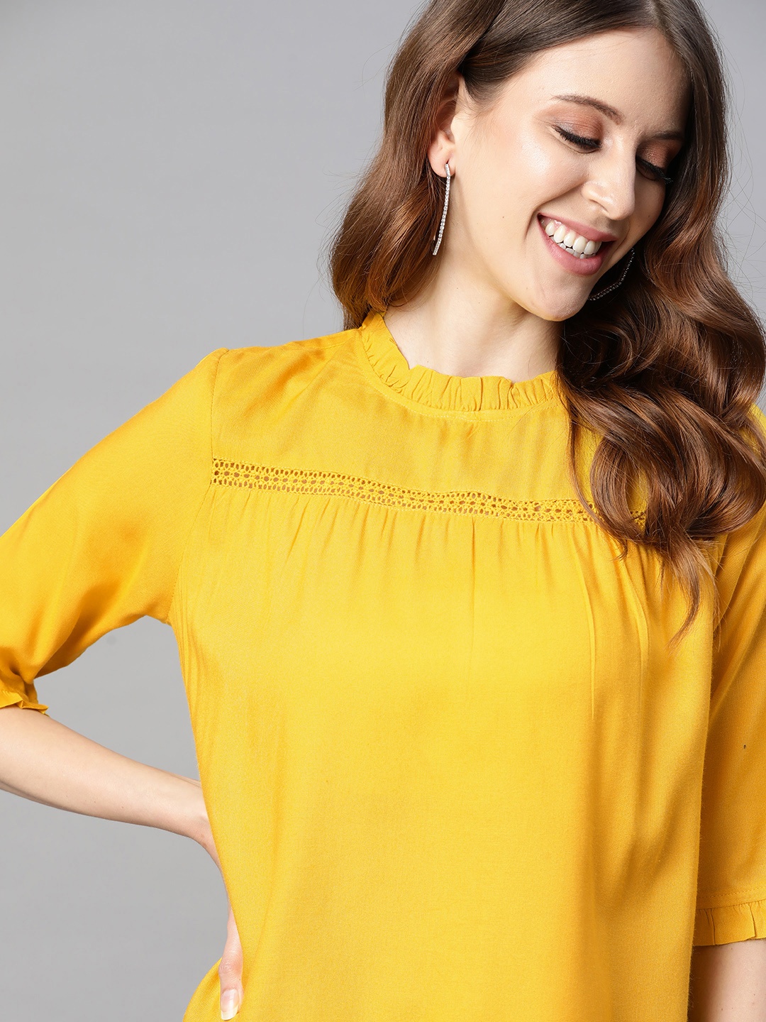 

HERE&NOW Women Yellow Puff Sleeve Regular Top