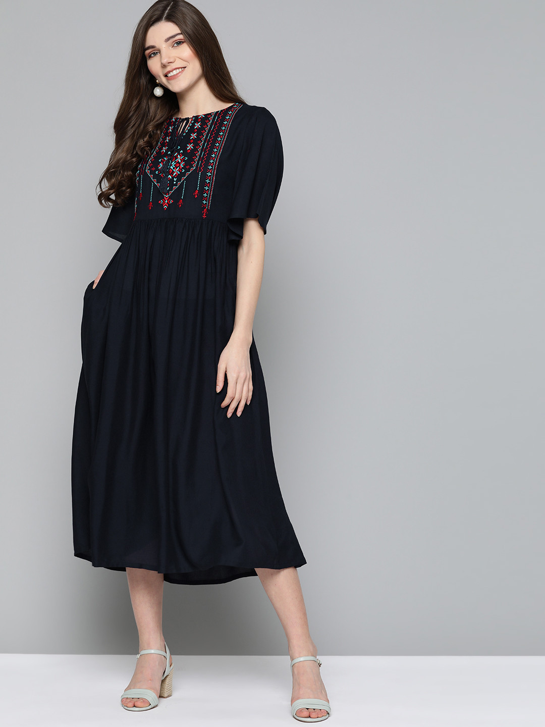

HERE&NOW Women Navy Blue Solid A-Line Dress with Embroidered Detail