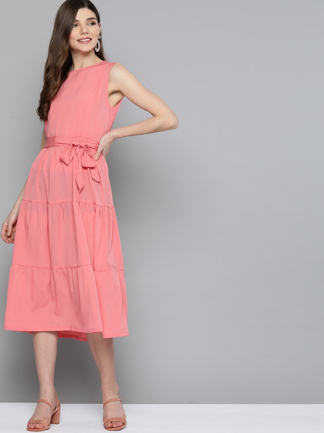 

HERE&NOW Women Pink Solid A-Line Tiered Dress