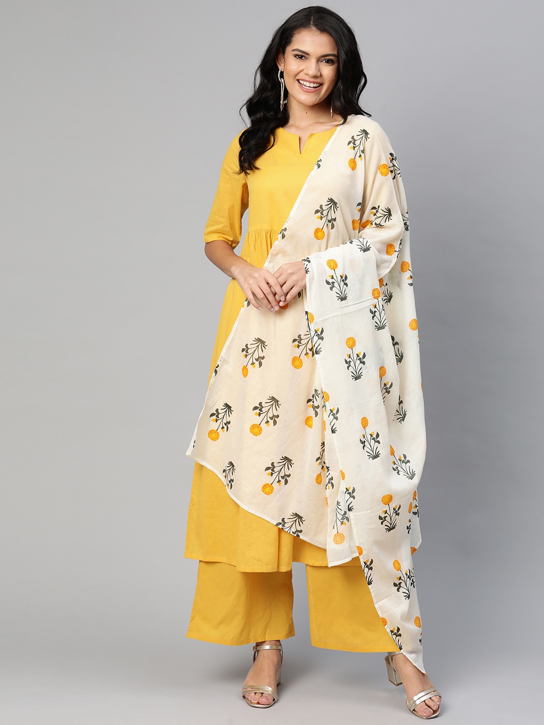 

HERE&NOW Women Mustard Yellow & Off-White Pure Cotton Kurta with Palazzos & With Dupatta