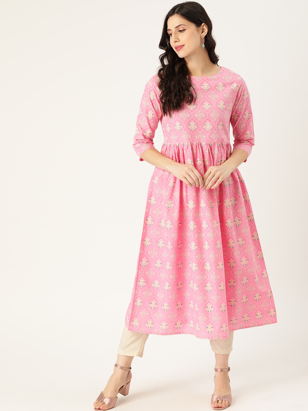 

Moda Rapido Women Pink & Cream Colored Motifs Printed Pure Cotton Gathered A-line Kurta