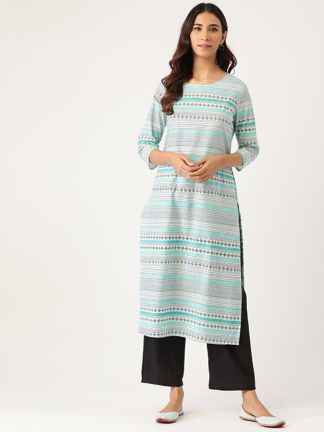

Moda Rapido Women White & Blue Striped Pure Cotton Kurta with Palazzos