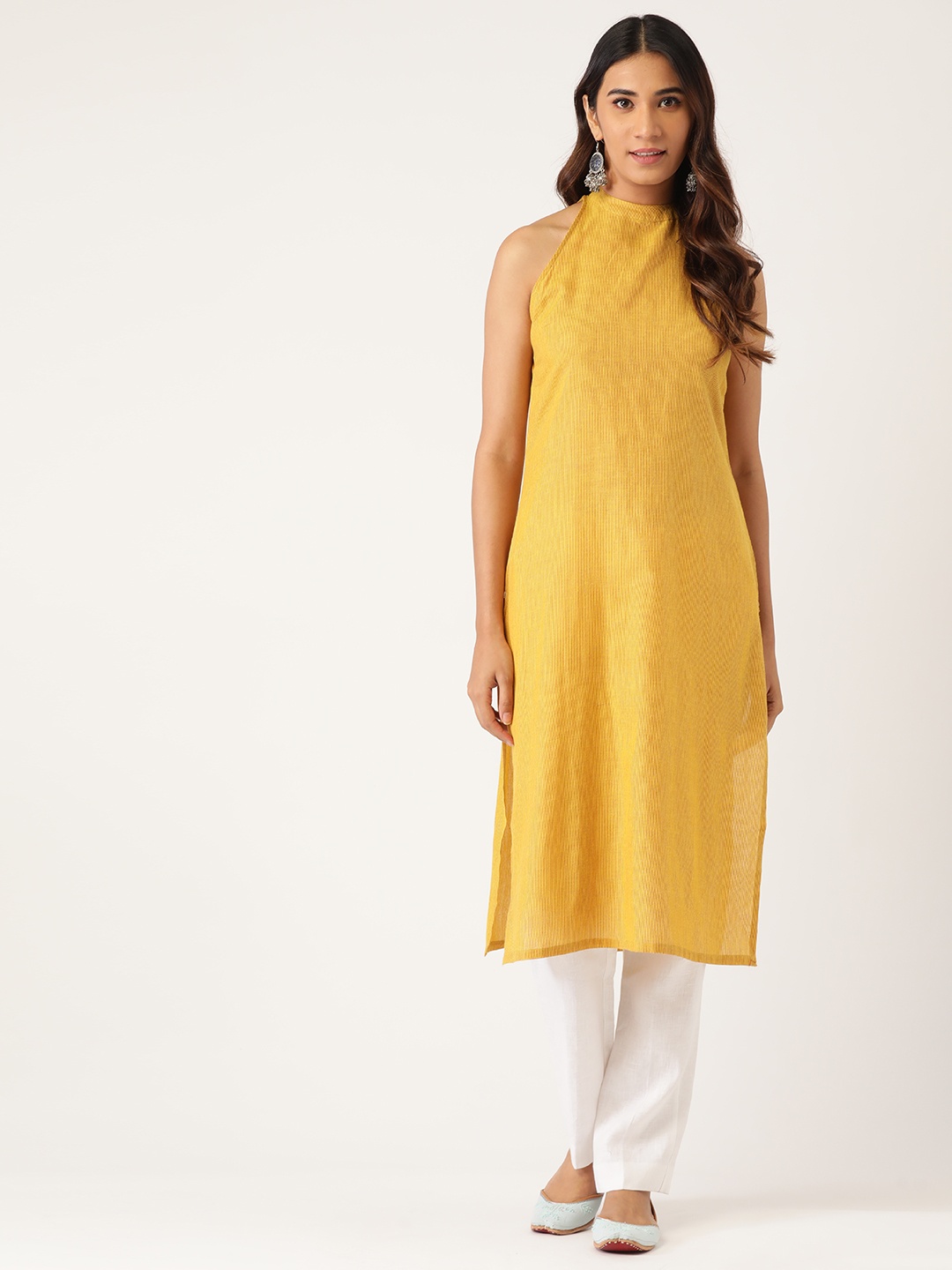 

Moda Rapido Women Mustard Yellow & Red Pure Cotton Striped Kurta