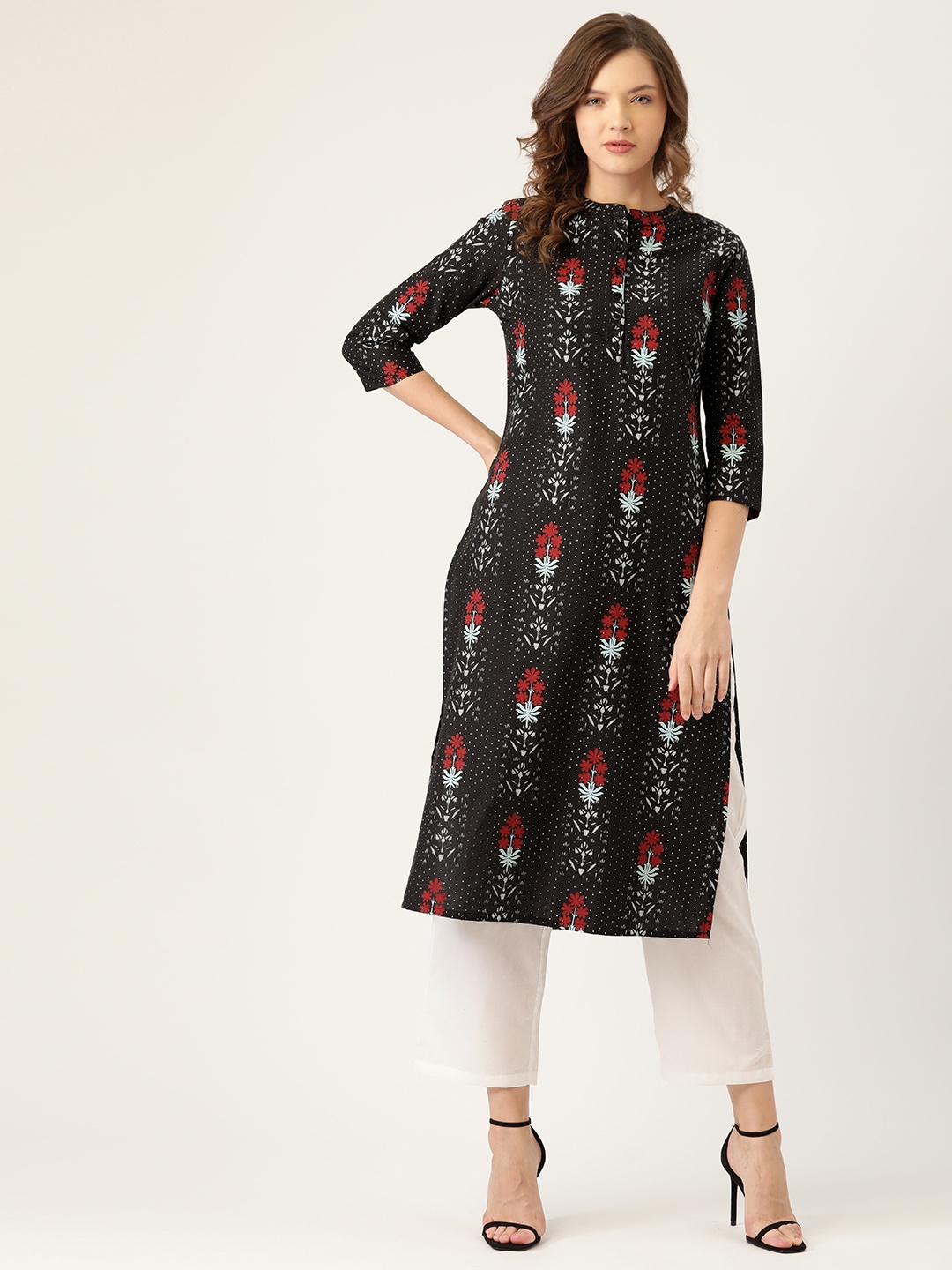 

Moda Rapido Women Black & Red Floral Printed Pure Cotton Kurta with Palazzos