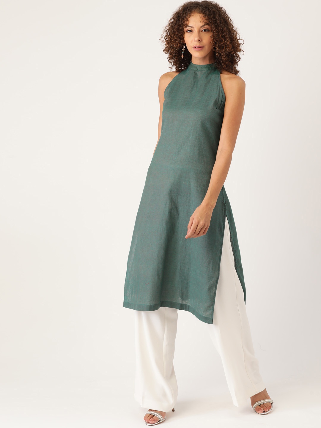 

Moda Rapido Women Green Solid Pure Cotton Straight Kurta