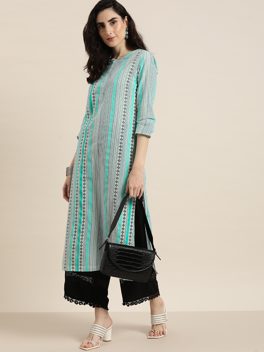 

Moda Rapido Women White & Blue Striped Pure Cotton Straight Kurta
