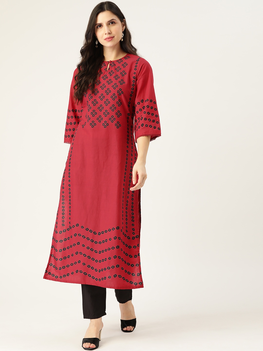 

Moda Rapido Women Maroon & Black Bandhani Print Pure Cotton Kurta with Trousers