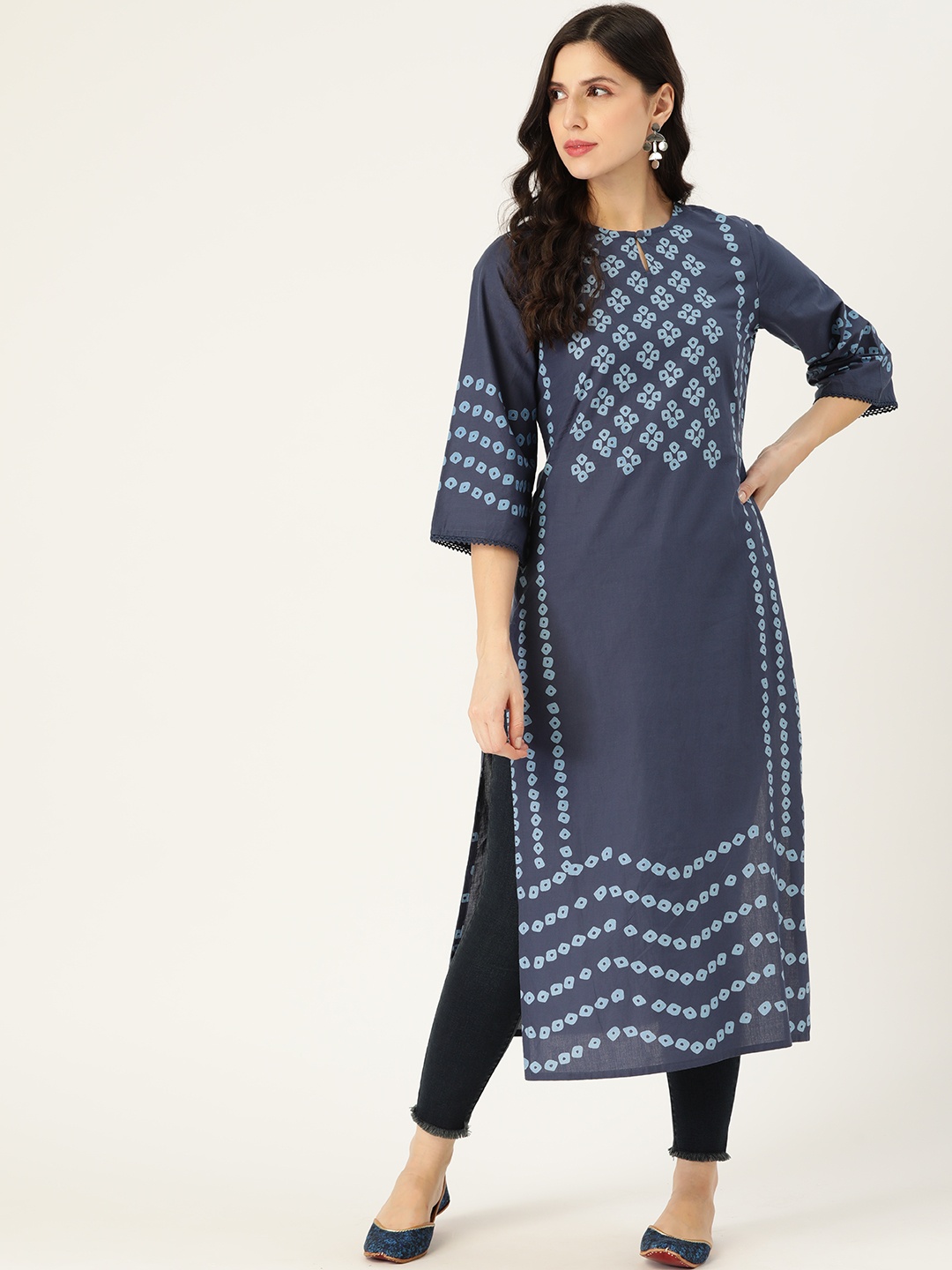 

Moda Rapido Women Navy Blue Pure Cotton Bandhani Print Straight Kurta