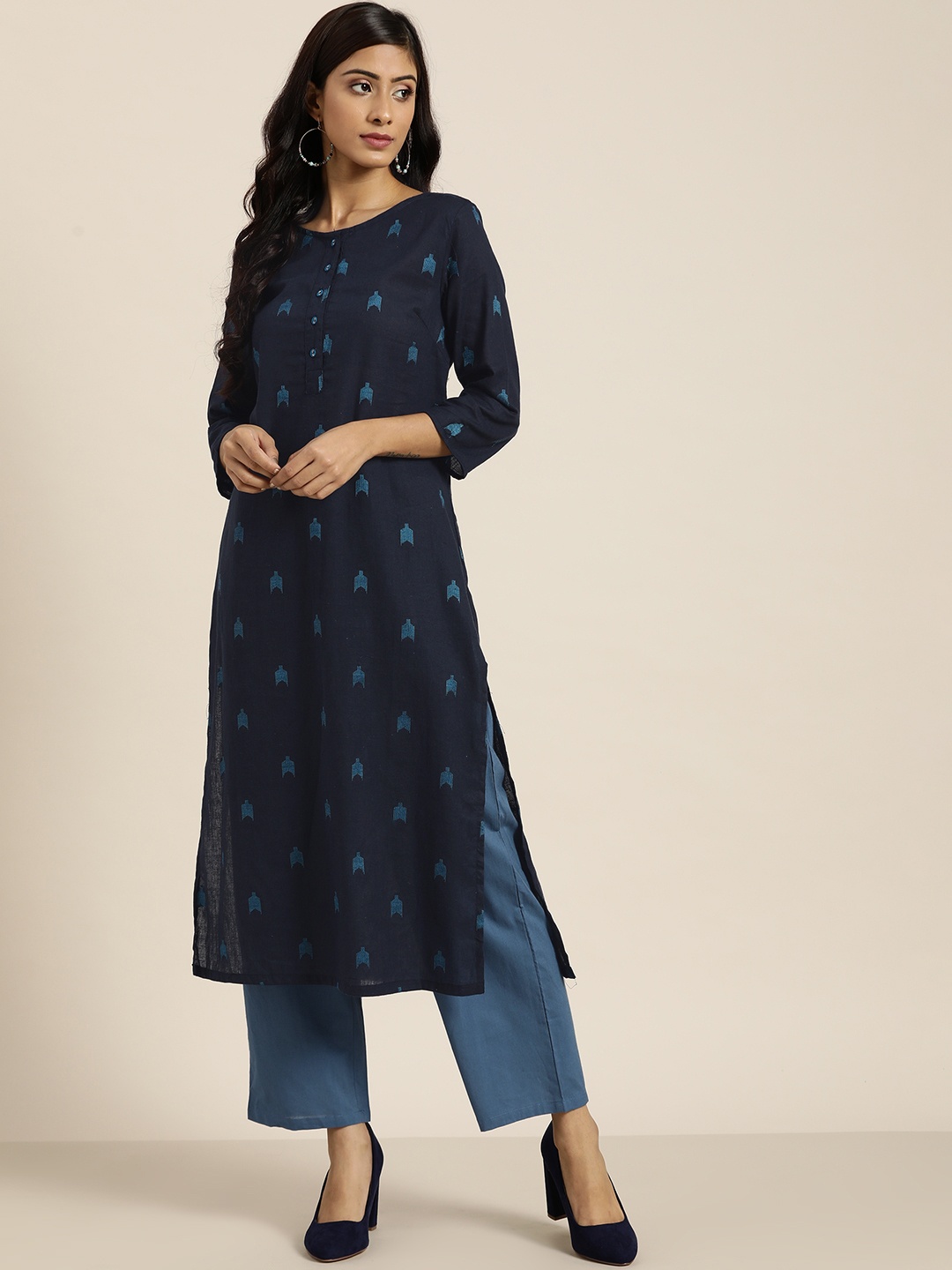 

Moda Rapido Women Navy Blue Printed Pure Cotton Kurta with Palazzos