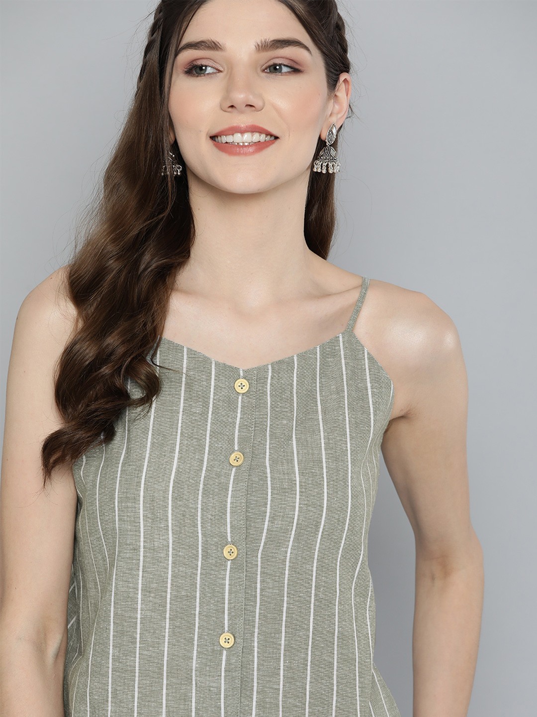 

HERE&NOW Olive Green & White Striped Pure Cotton Regular Top