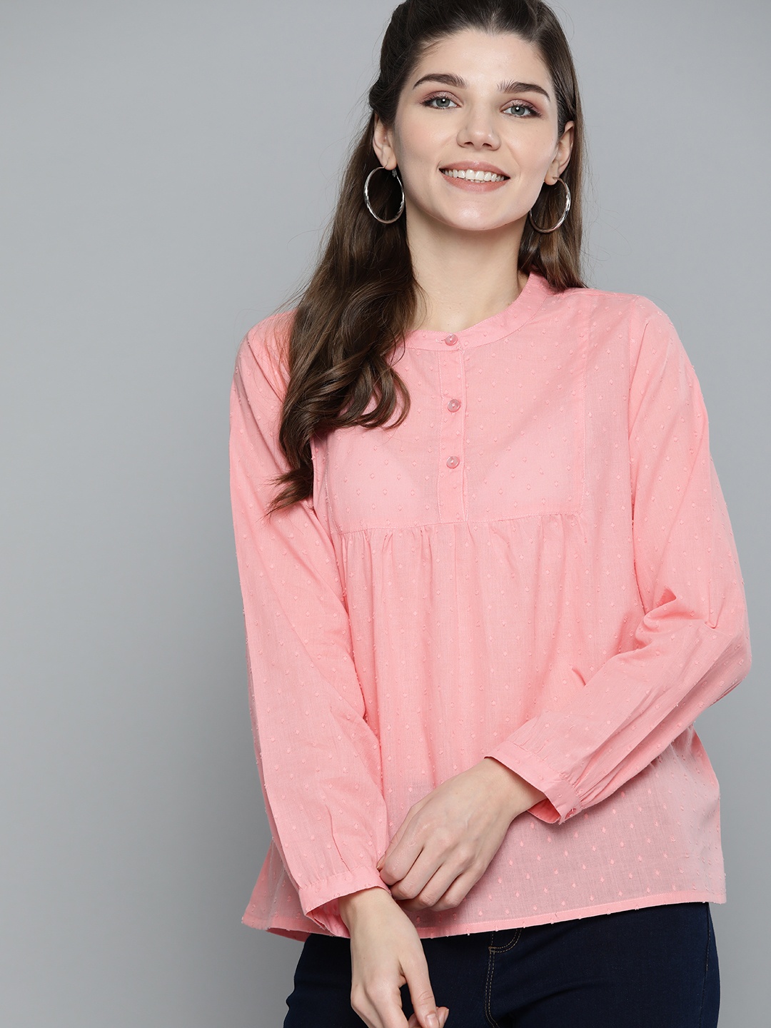 

HERE&NOW Pink Pure Cotton Mandarin Collar A-Line Top