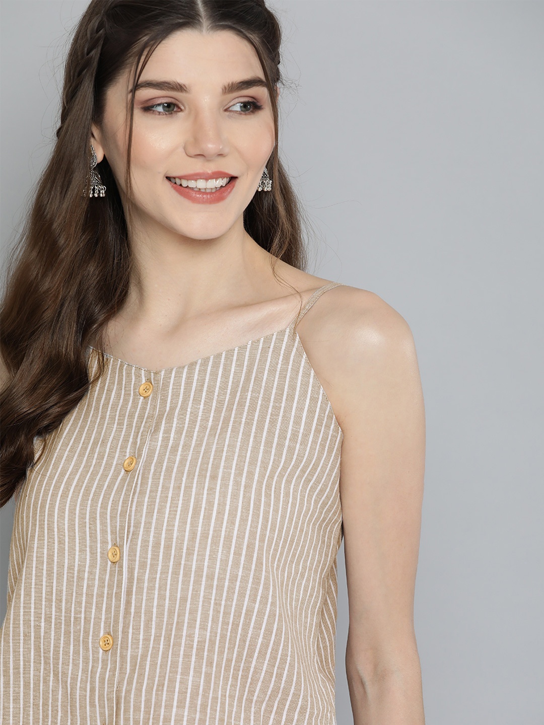 

HERE&NOW Beige & White Striped Pure Cotton Regular Top