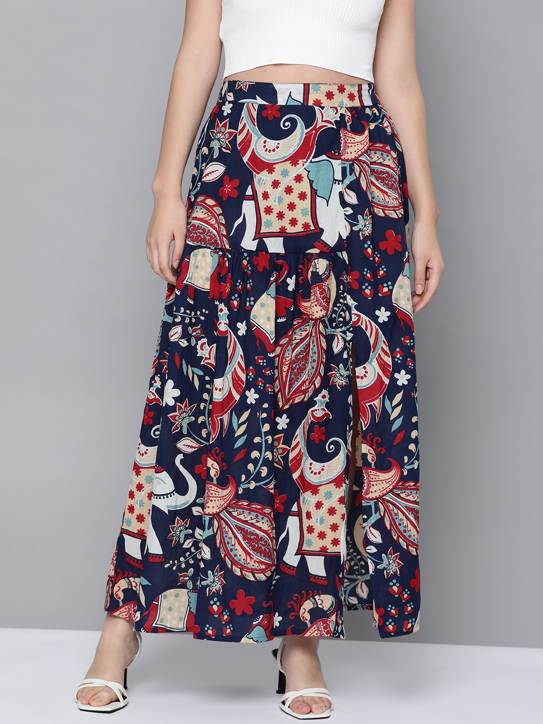 

HERE&NOW Women Navy Blue & Beige Cotton Ethnic Motifs Printed One Slit Maxi Skirt