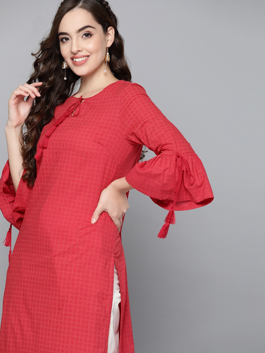 

HERE&NOW Women Red Pure Cotton Solid Bell Sleeves Kurta