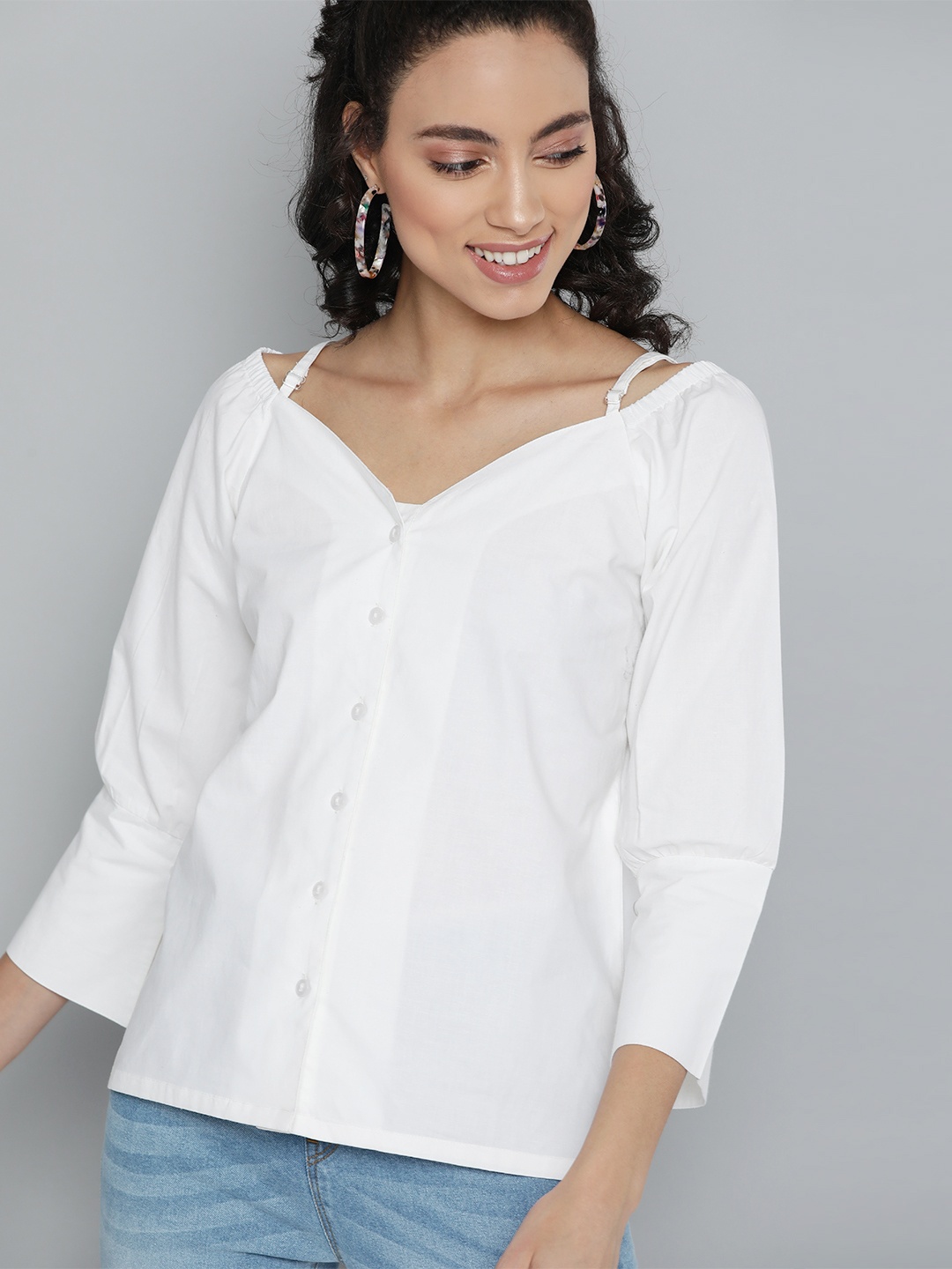 

HERE&NOW Off White Solid Sleeves Pure Cotton Bardot Top
