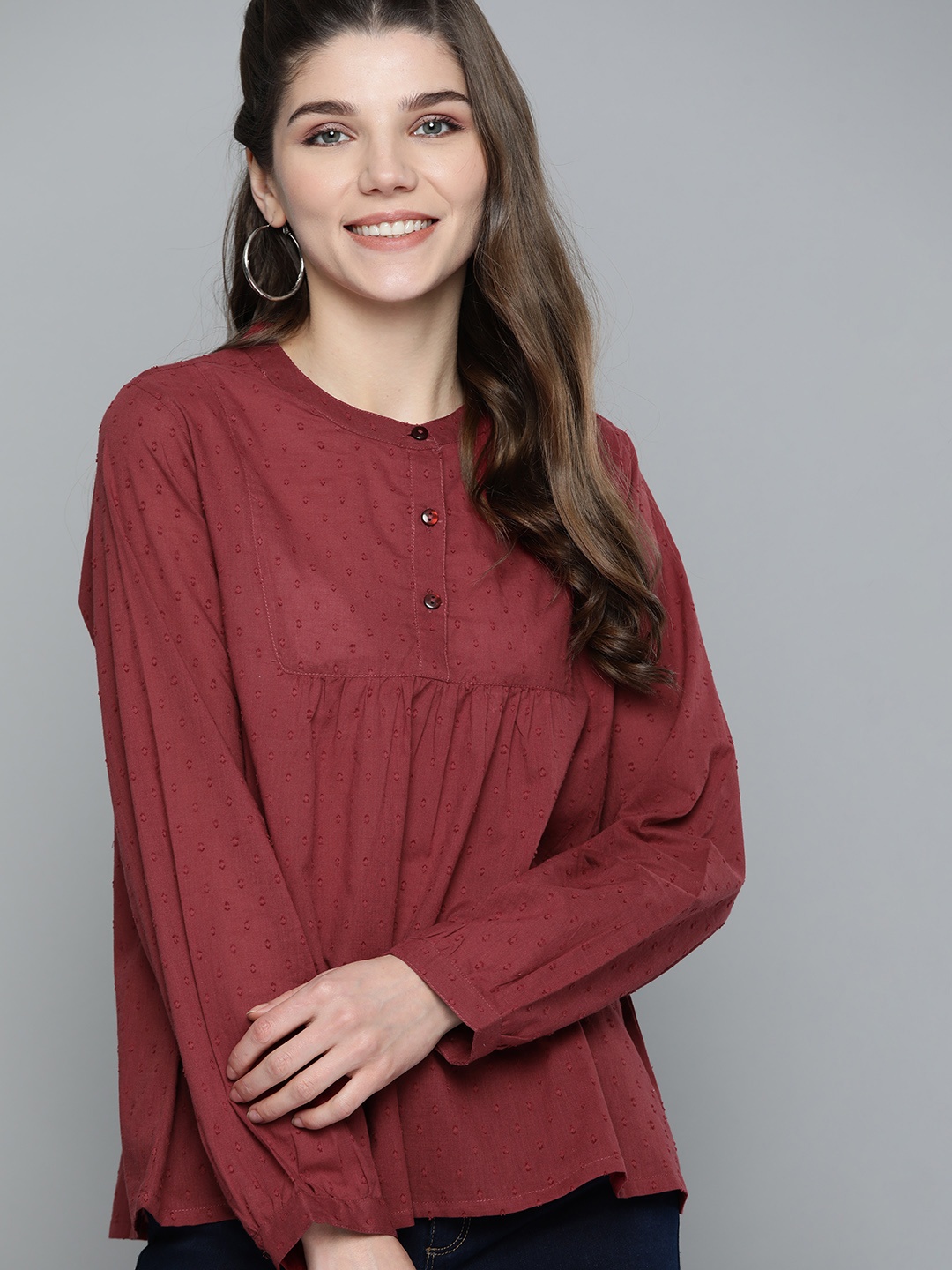 

HERE&NOW Maroon Pure Cotton Mandarin Collar A-Line Top