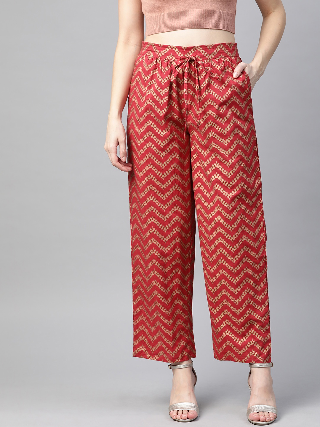 

HERE&NOW Women Red & Golden Pure Cotton Chevron Print Ethnic Straight Palazzos