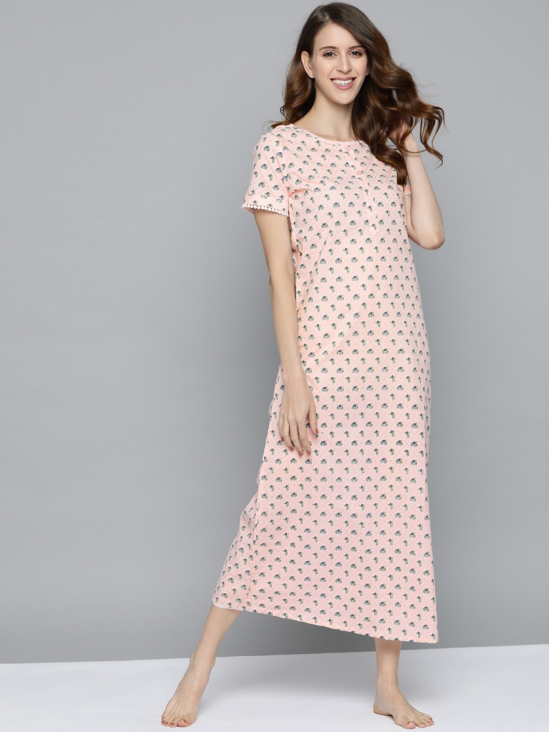 

HERE&NOW Women Peach-Coloured & Green Ethnic Motifs Print Pure Cotton Maxi Nightdress