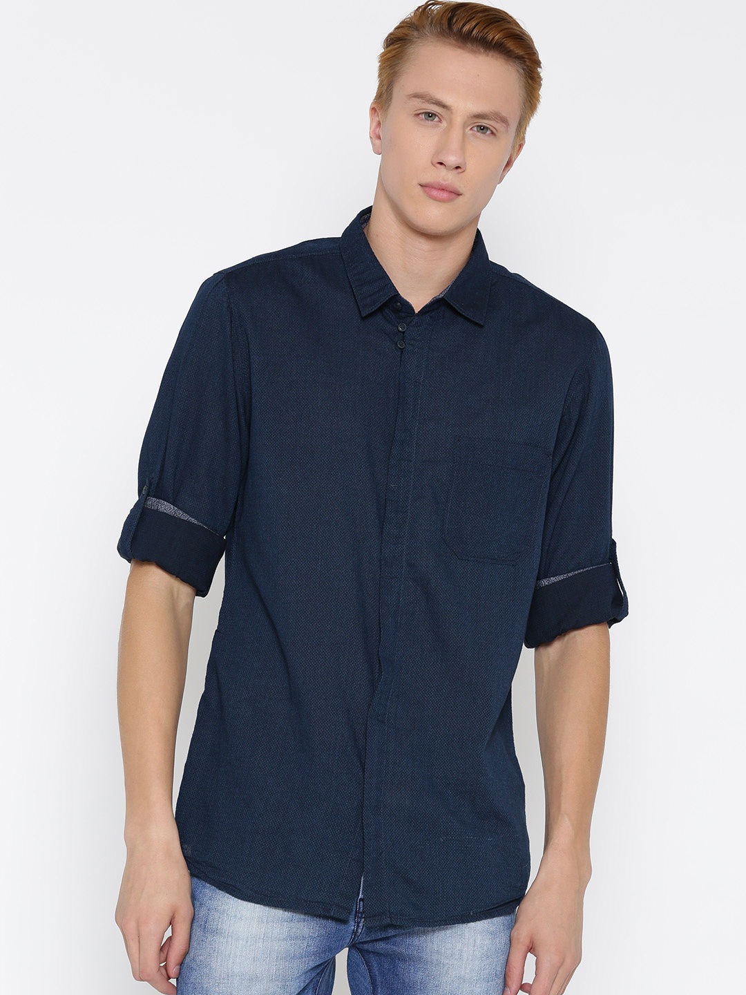 

Pepe Jeans Men Navy Patterned Casual Shirt, Navy blue