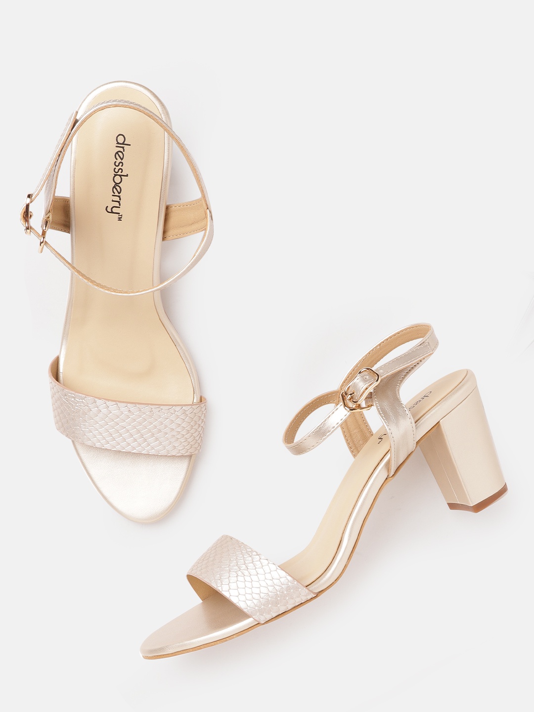 

DressBerry Women Muted Gold-Toned Snakeskin Textured Block Heels