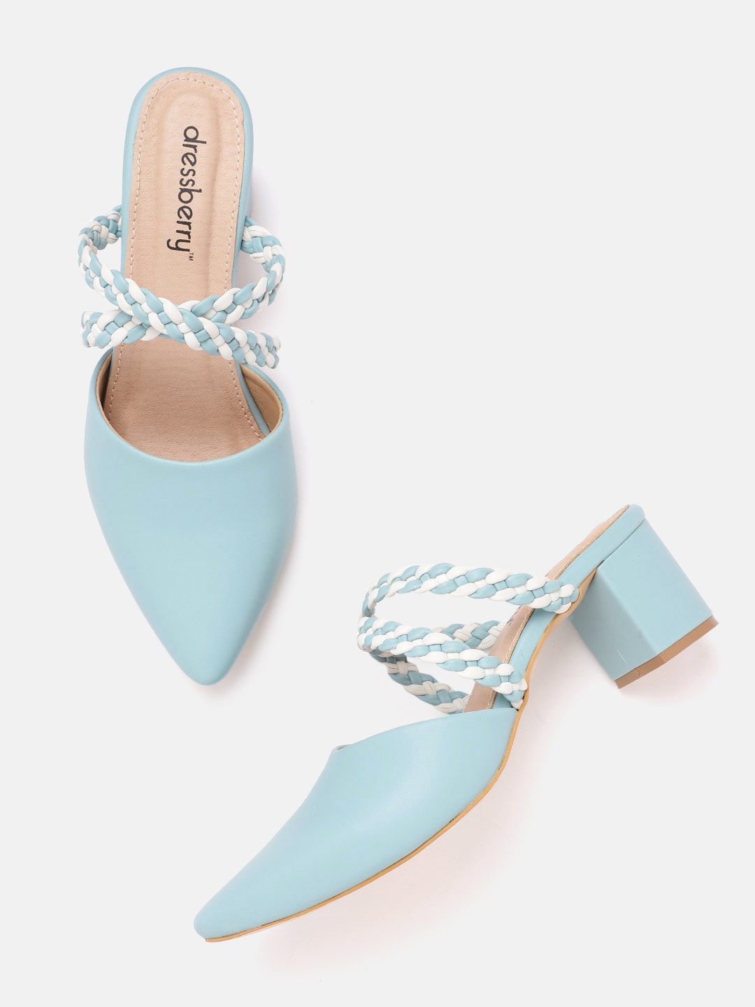 

DressBerry Women Blue & White Heeled Mules with Braided Detail