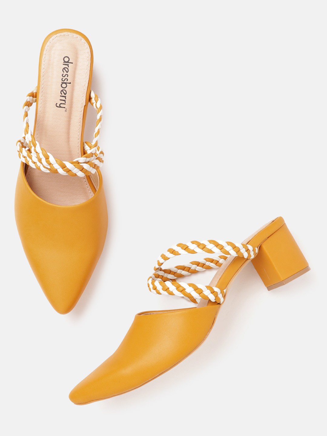 

DressBerry Women Mustard Yellow & White Braided Block Mules